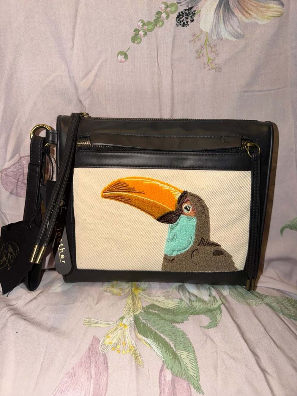Ella Jae Toucan Embroidered Vegan Leather Large Wristlet Clutch